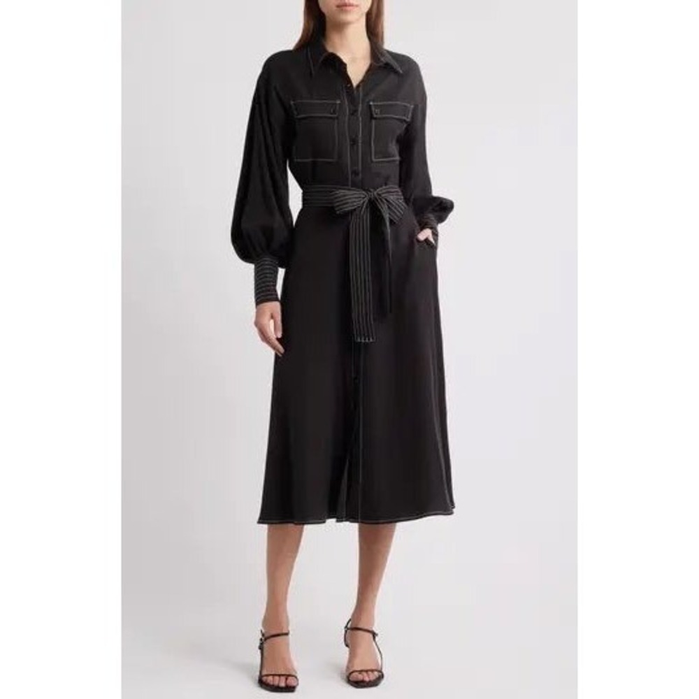NWT Ciebon Women's Janie Black Shirt Dress XS‎ Tie Waist Long Sleeve Midi